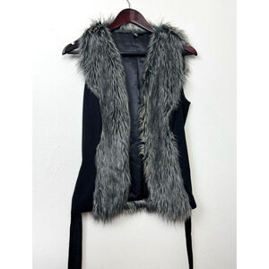 Bisou Bisou Women’s Y2K Faux Fur Vest Gray Black Preppy Grunge Going Out Goth